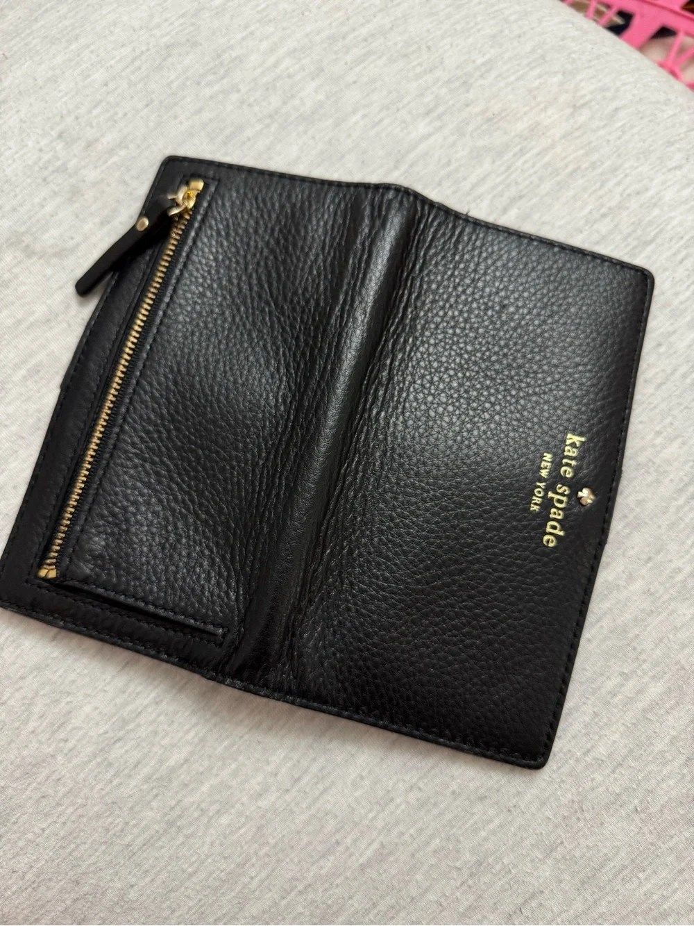 kate spade Black Pebbled Leather Continental Wallet with Gold Logo